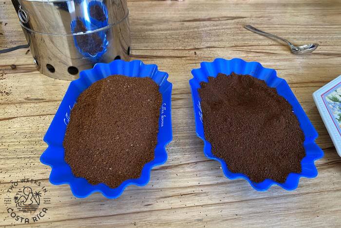 Two blue trays with coffee. One lighter and one darker
